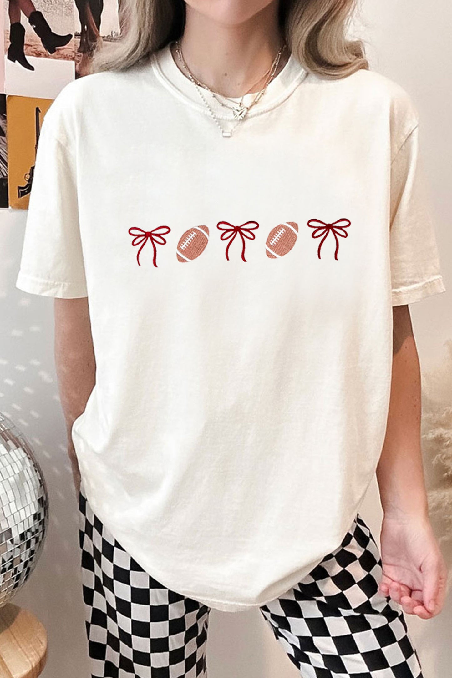 White Embroidered Football Bows Casual Round Neck T Shirt