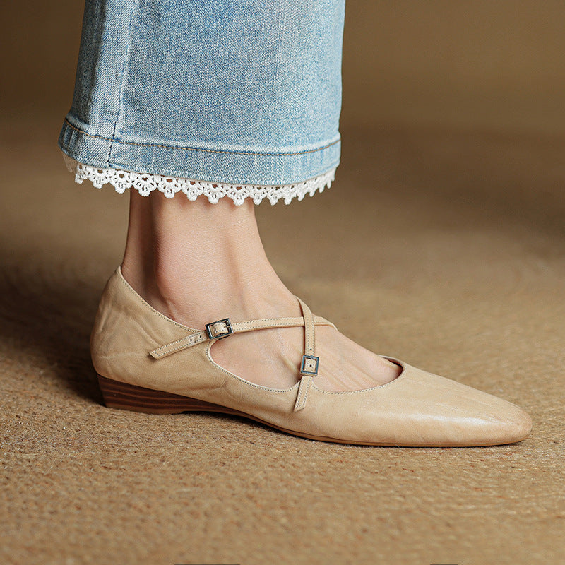 Amelier Women's Leather Ballet Flats Cross-Strap Almond Toe