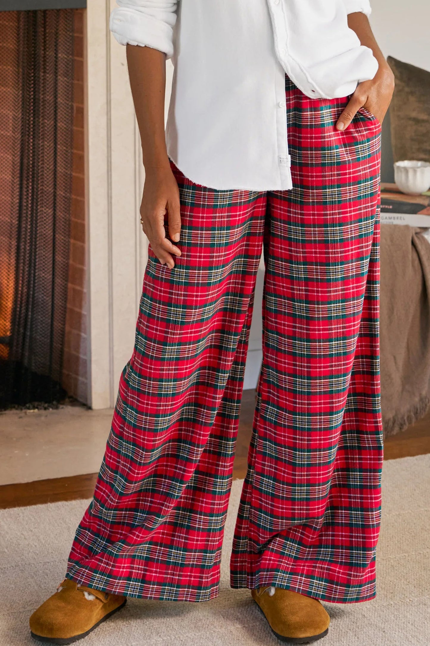 Red Casual Plaid Tie Waist Casual Wide Leg Pants