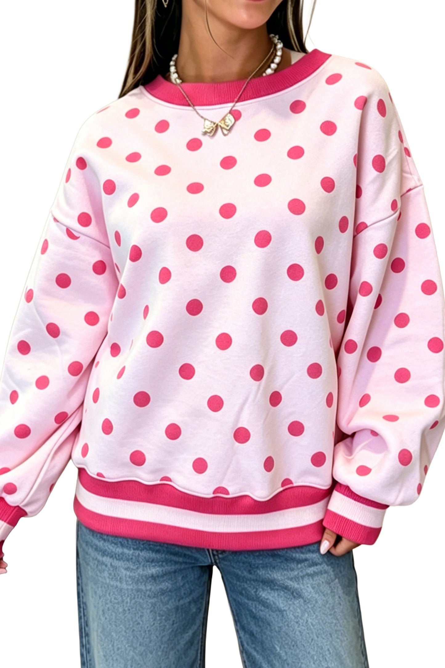 Pink Polka Dot Colorblock Round Neck Pullover Sweatshirt