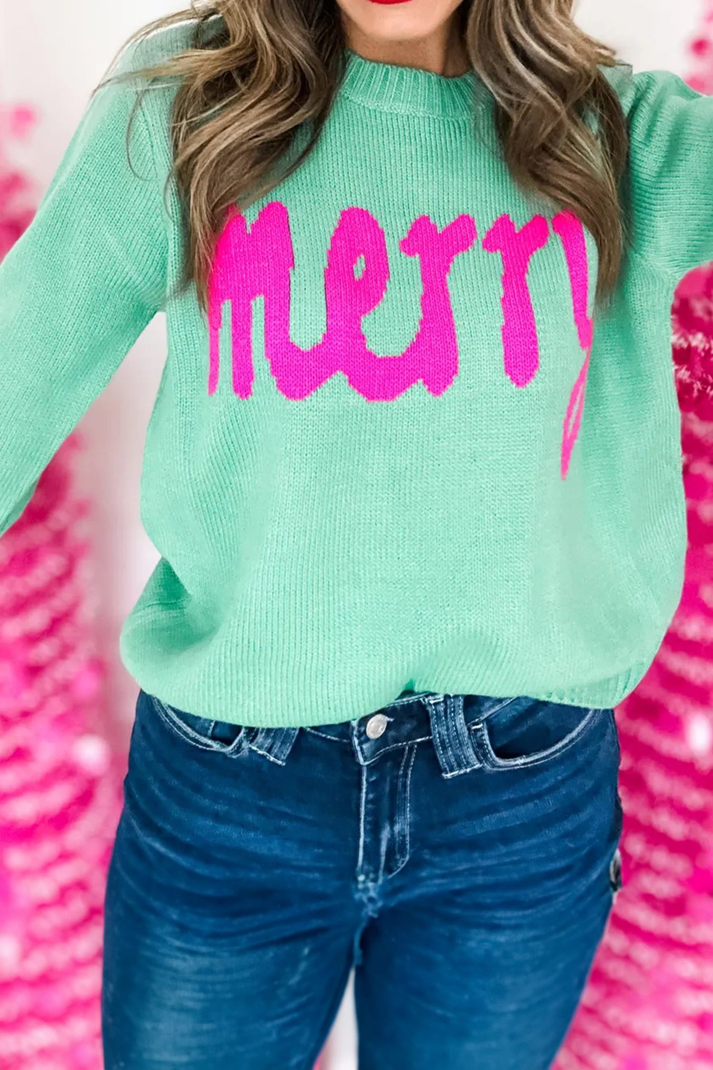 Bright Green Merry Print Ribbed Trim Round Neck Loose Fit Sweater