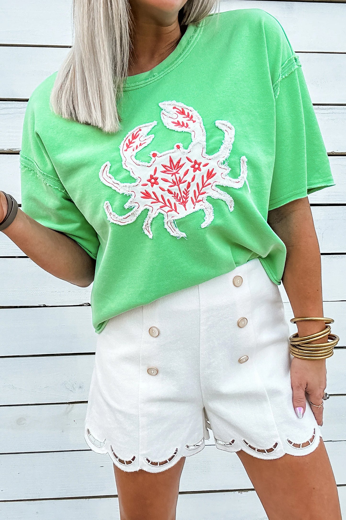 Bright Green Crab Embroidery Short Sleeve Round Neck Tee