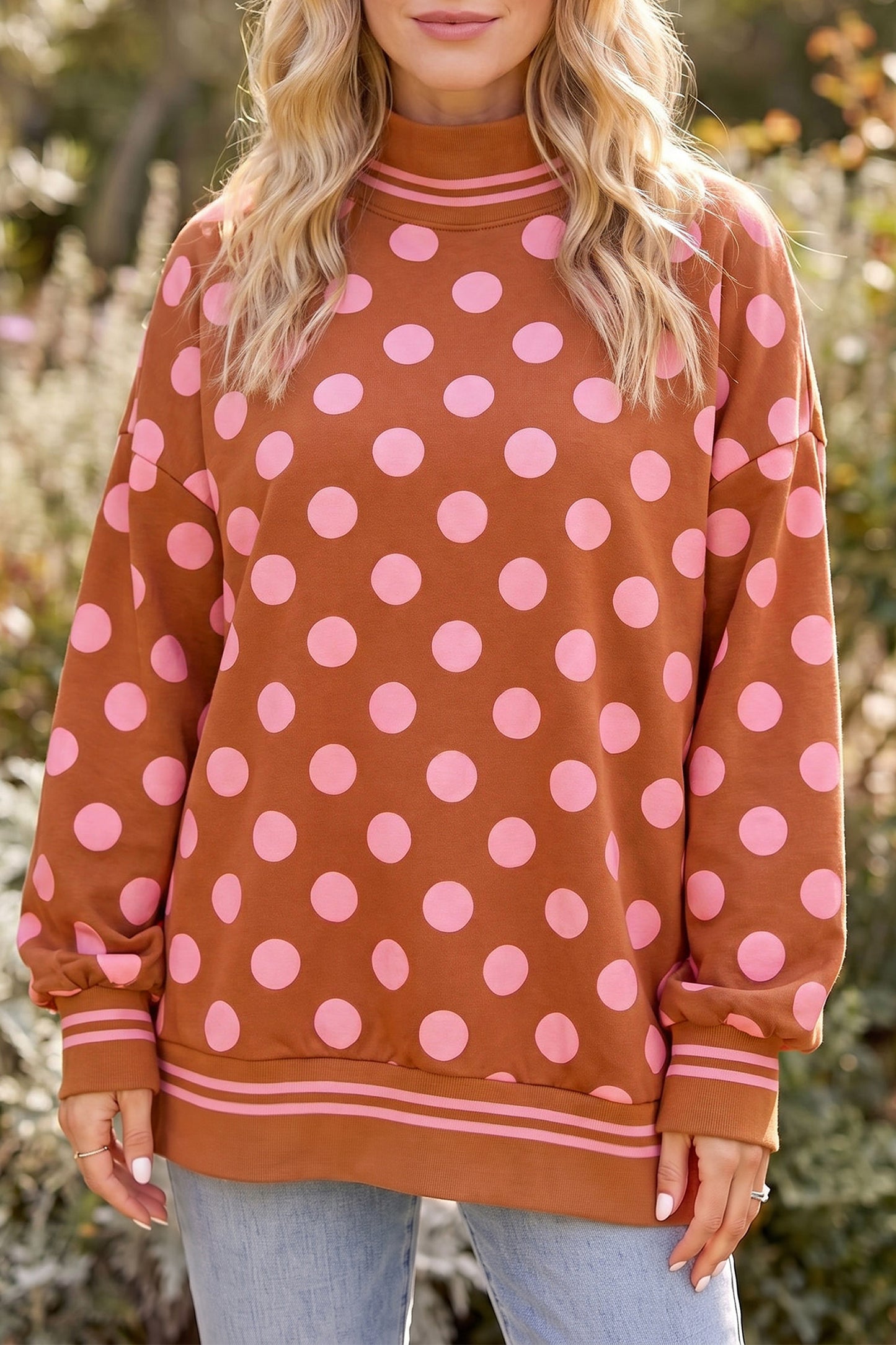 Pink Polka Dot Striped Trim Mock Neck Sweatshirt