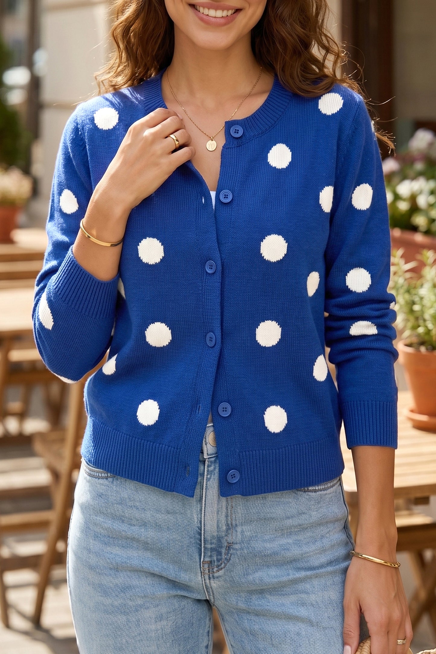 Bluing Casual Polka Dot Button Front Long Sleeve Sweater Cardigan