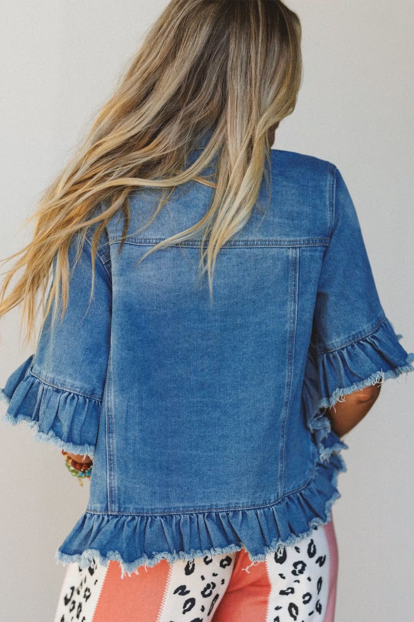 Blue Ruffle Hem Denim Jacket Half Sleeve Western Style