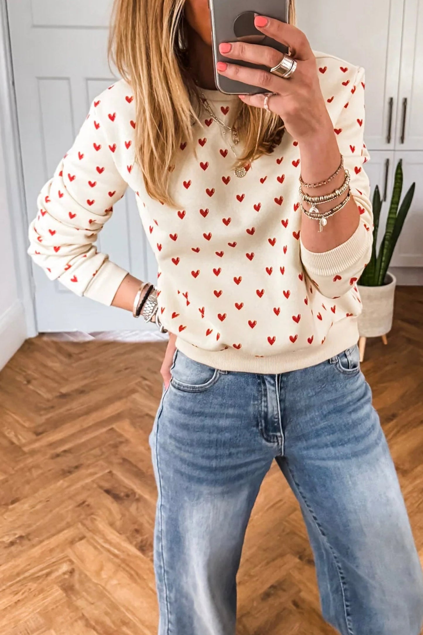 Beige Heart Print Ribbed Trim Casual Sweatshirt