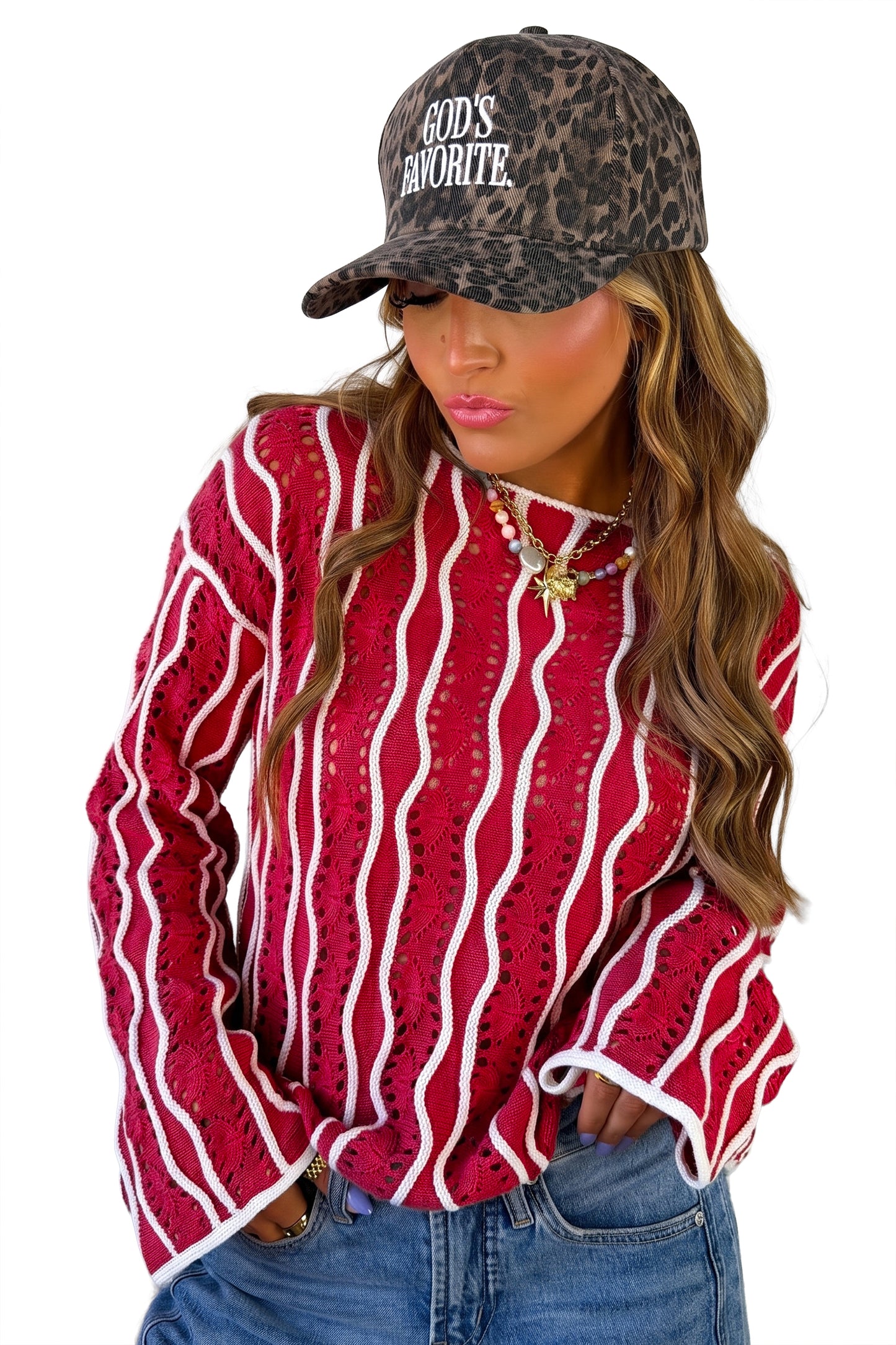 Khaki Wavy Detail Hollow Out Knit Long Sleeve Cotton Pullover Sweater