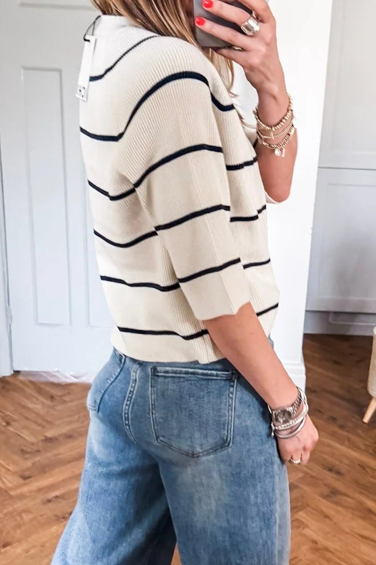 White Stripe Ribbed Knit Half Sleeve Loose Sweater Tee