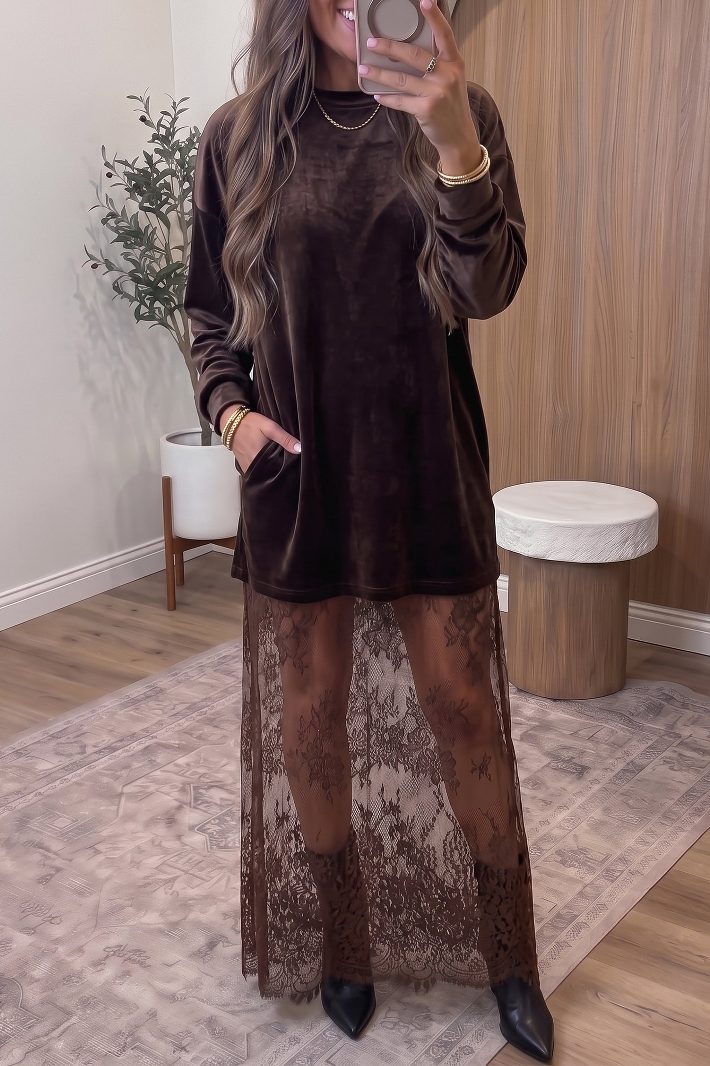 Black Velvet Long Sleeve Lace Splicing Hem Shift Maxi Dress