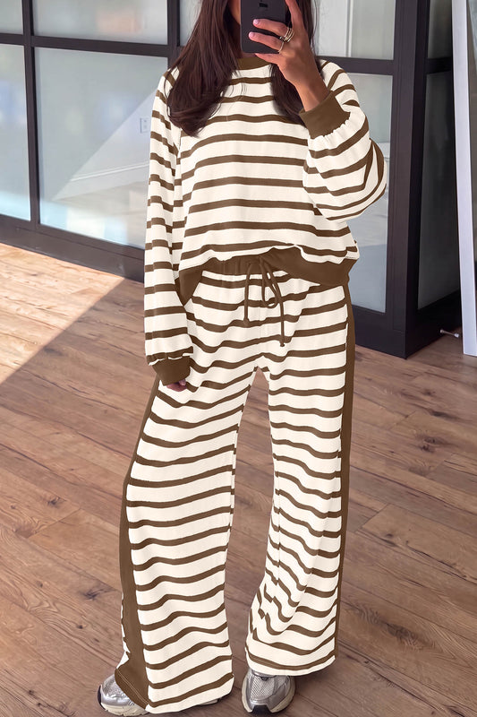 Khaki Stripe Relaxed Long Sleeve Top Color Block Detail Drawstring Pant Set