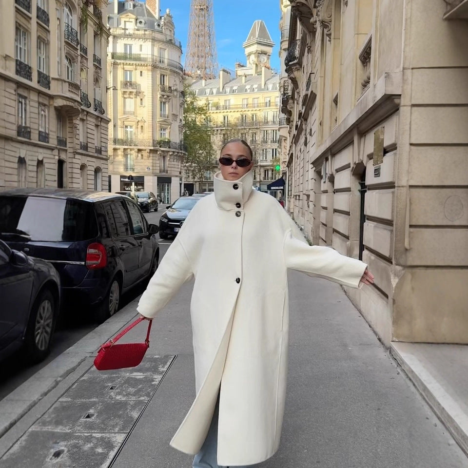 Women's casual stand-up collar and long knee-length loose woolen coat
