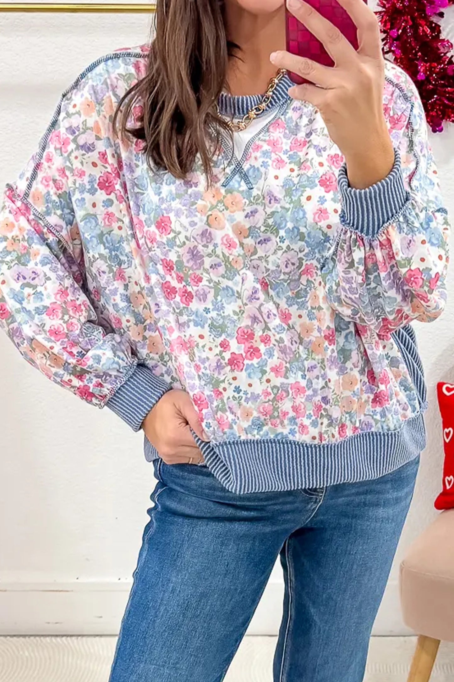 Multicolour Floral Print Twisted Ribbed Detail Long Sleeve Top
