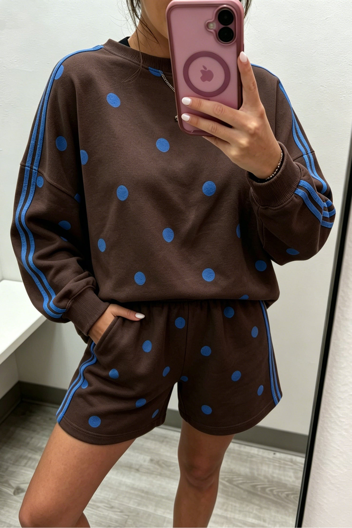 Brown Polka Dot Print Varsity Striped Detail Long Sleeve Top Short Set
