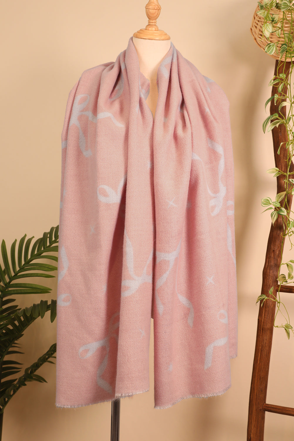 Pink Bow Star Print Raw Edge Lightweight Scarf