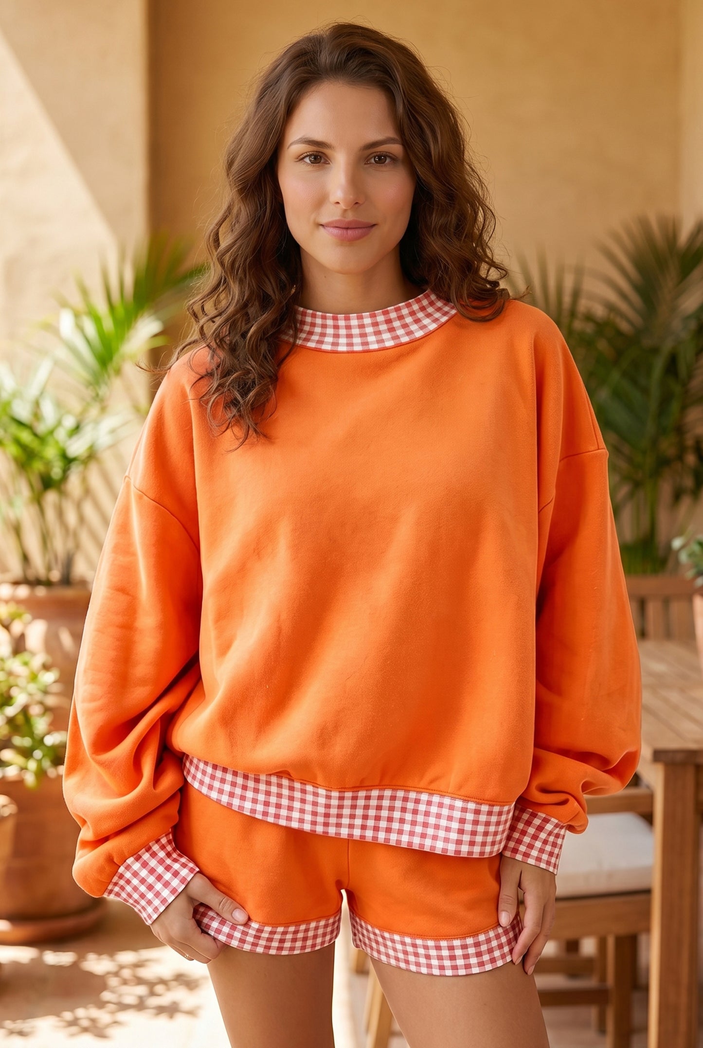 Fiery Red Gingham Trim Baggy Pullover 2pcs Short Set