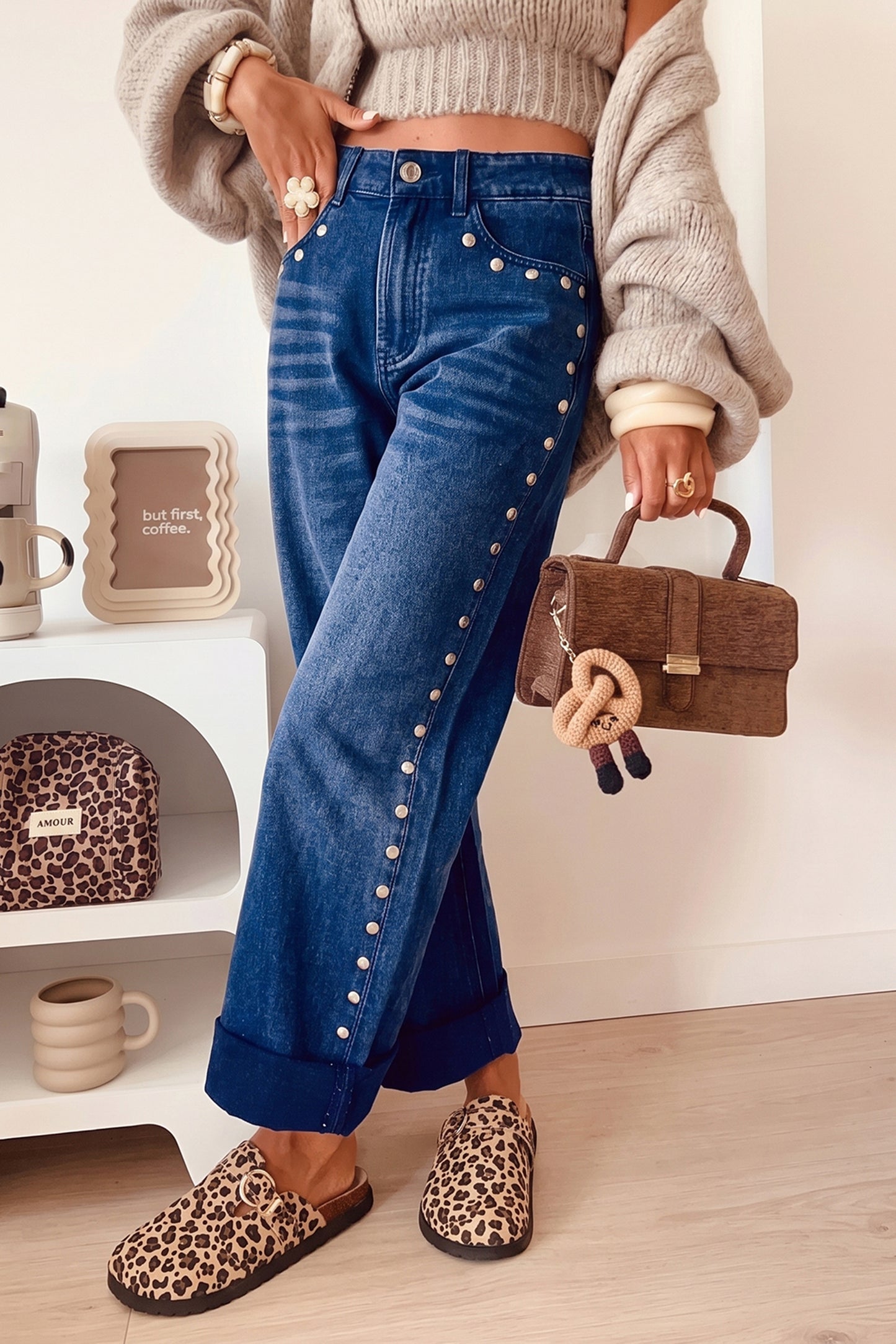 Black Studded Detail Straight Leg Casual Loose Jeans