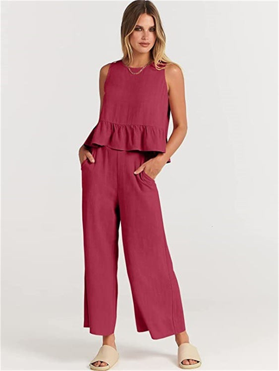 Women's sleeveless ruffle top, wide-leg capri pants set