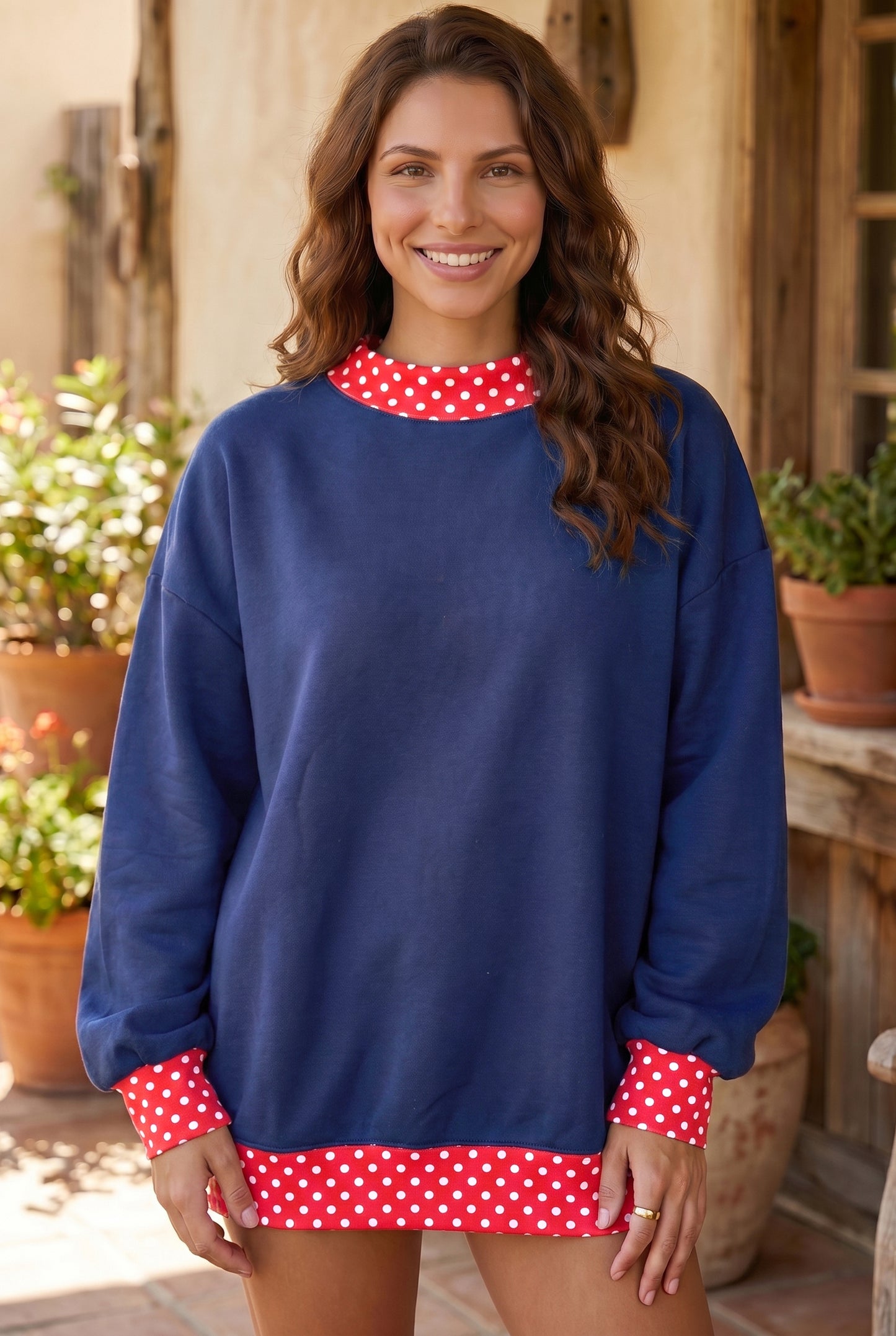 Racing Red Colorblock Polka Dot Contrast Trim Oversized Sweatshirt