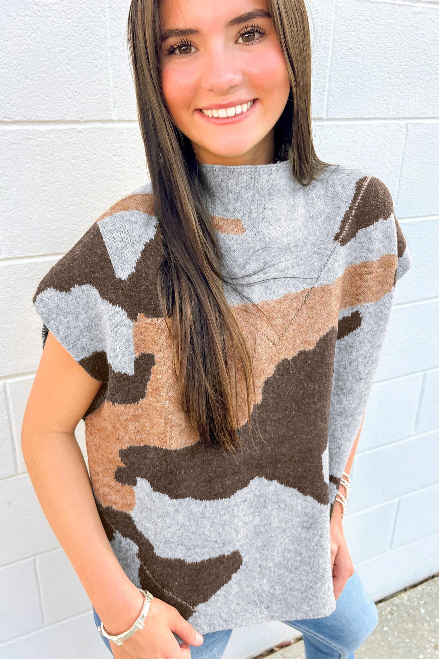 Gray Camouflage Pattern Drop Shoulder High Neck Short Sleeve Shift Sweater