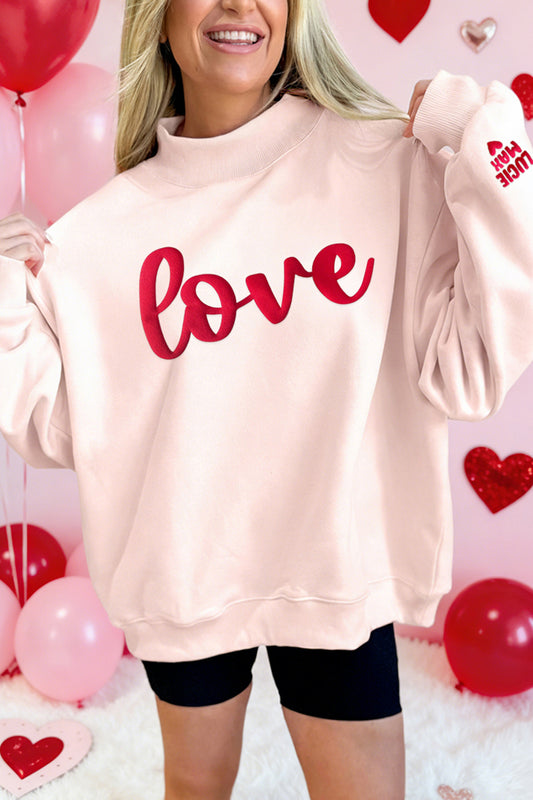Apricot Pink Valentines Day Love LUCIE MAX Puffy Letter Print Mock Neck Sweatshirt