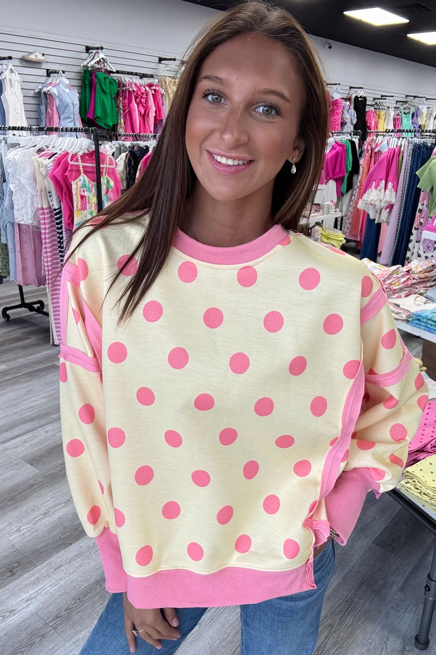 Blue Polka Dot Contrast Patchwork Round Neck Baggy Sweatshirt