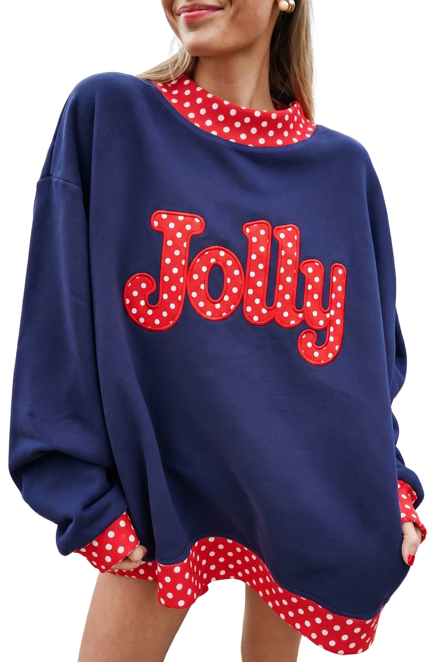 Dirty blue Polka Dot Letter Print Contrast Trim Mock Neck Sweatshirt
