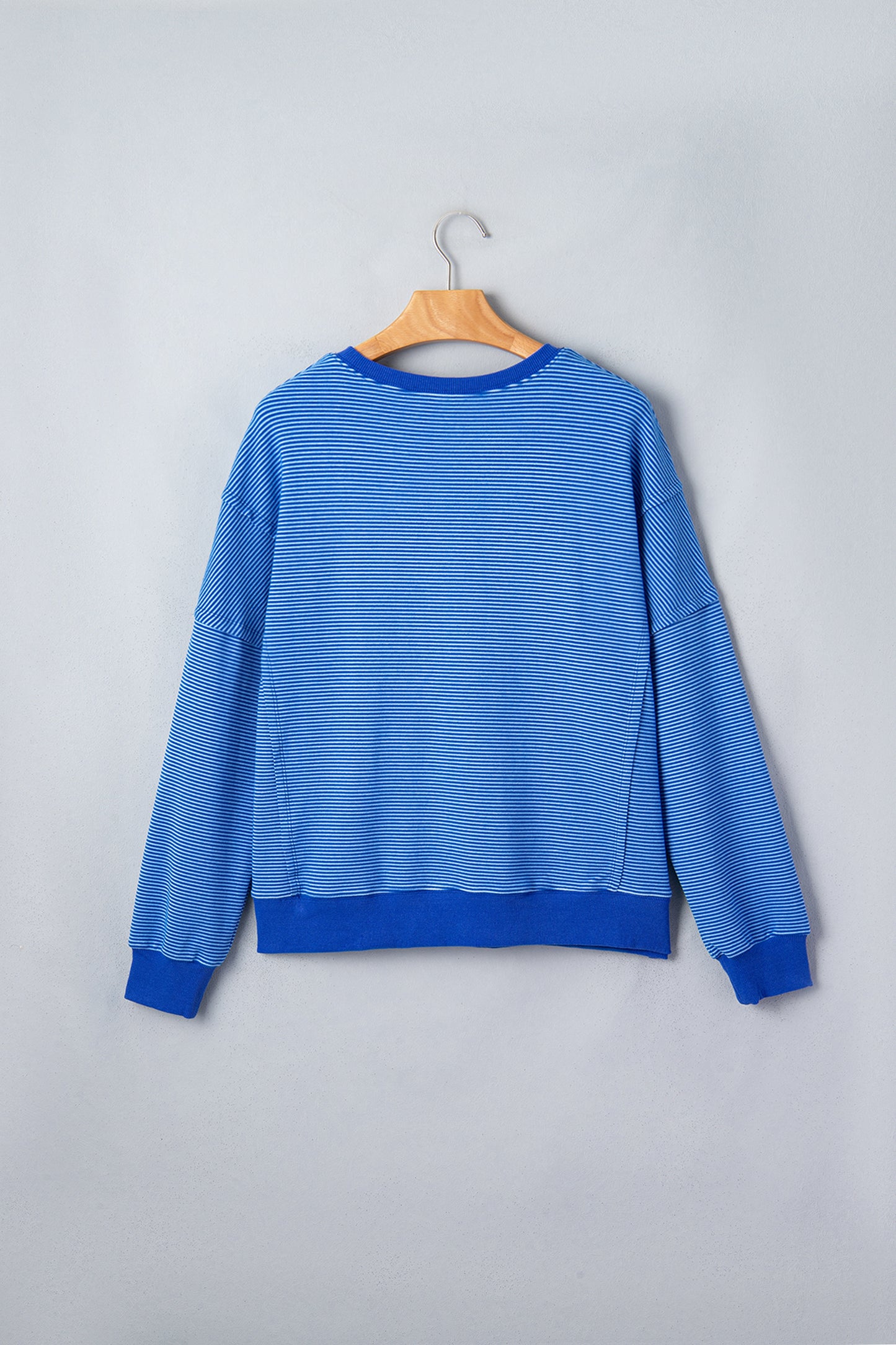 Blue Stripe Ribbed Cuffs Hem Long Sleeve Pullover Top