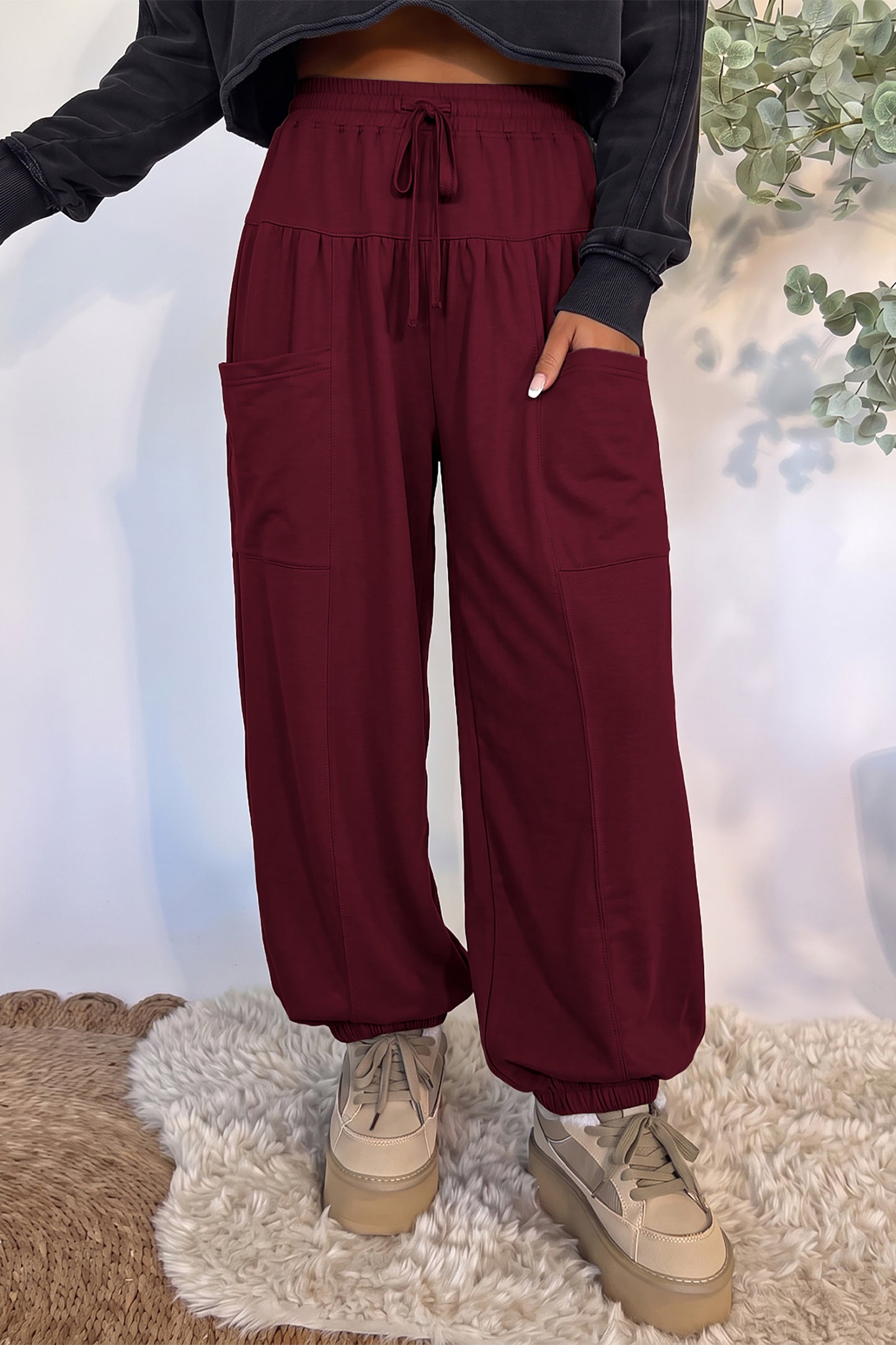 Dirty blue Elastic Waist Drawstring Wide Leg Full Length Pants