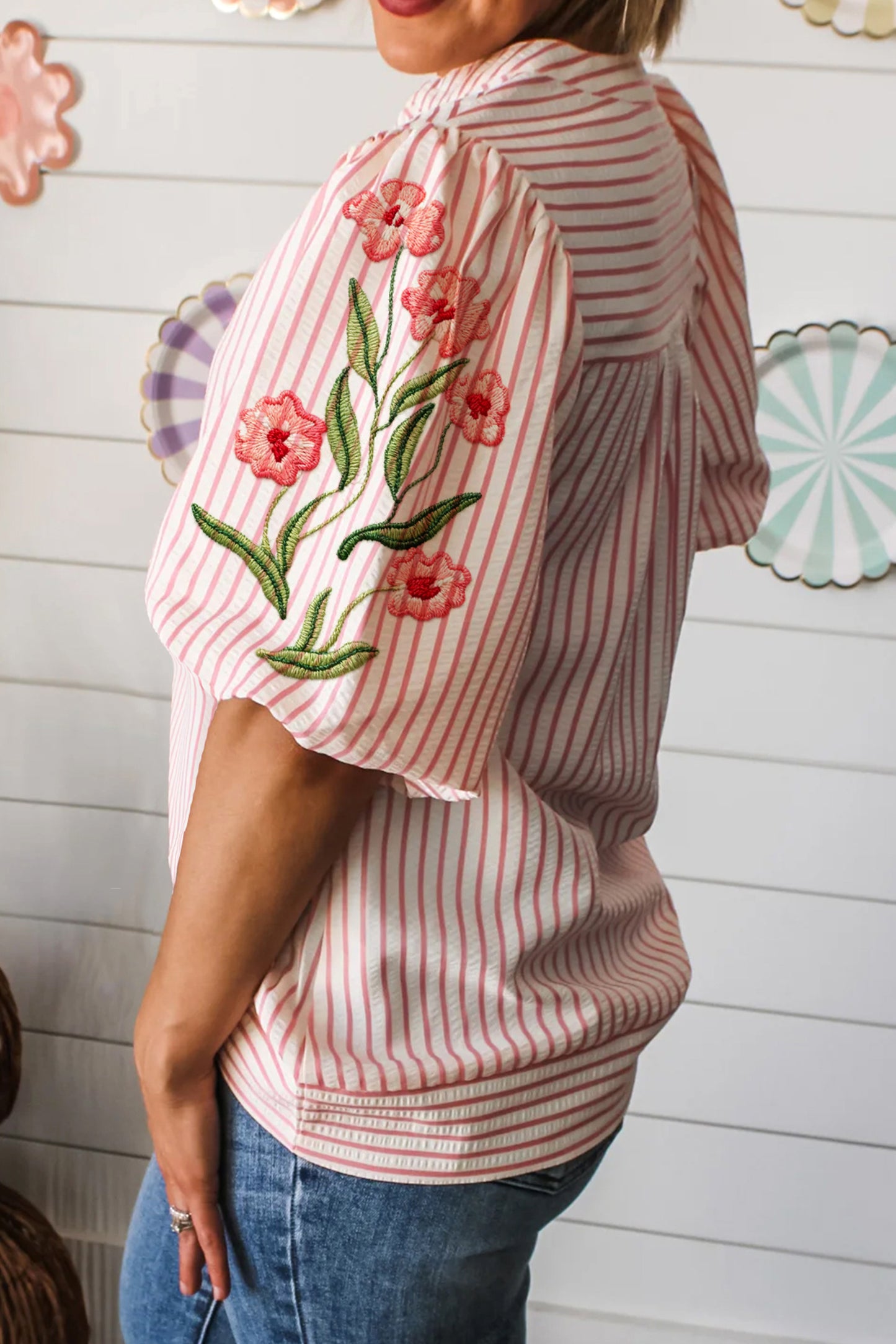 Pink Floral Embroidered Puff Sleeve V Neck Blouse