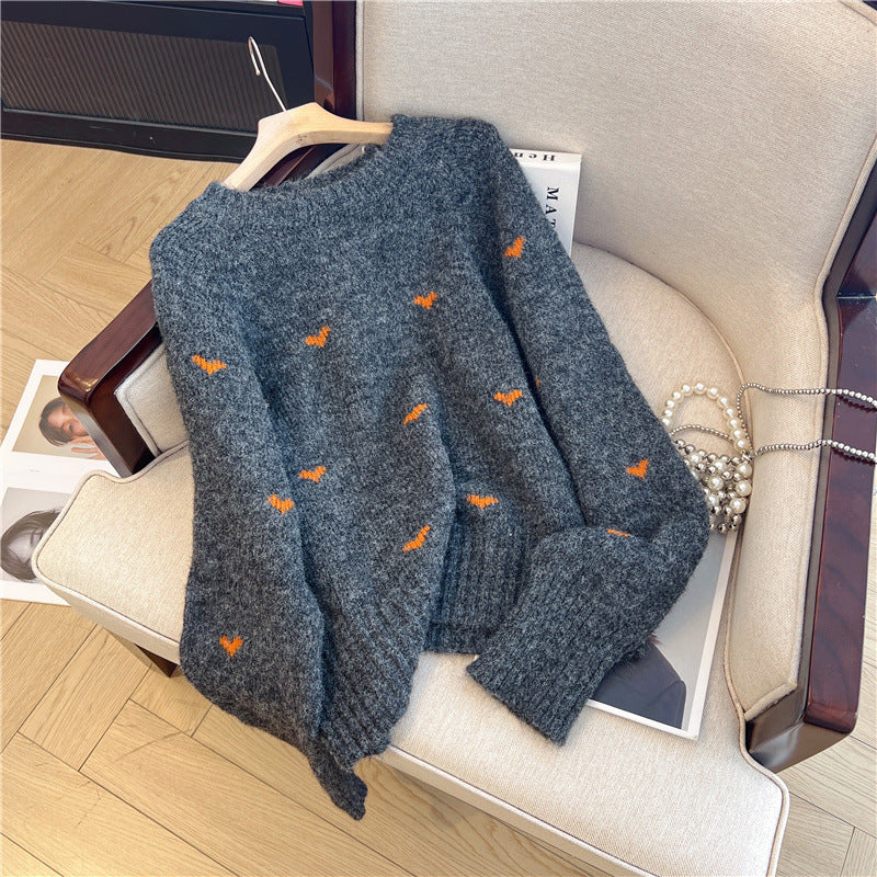 heart-embroidered round-neck sweater