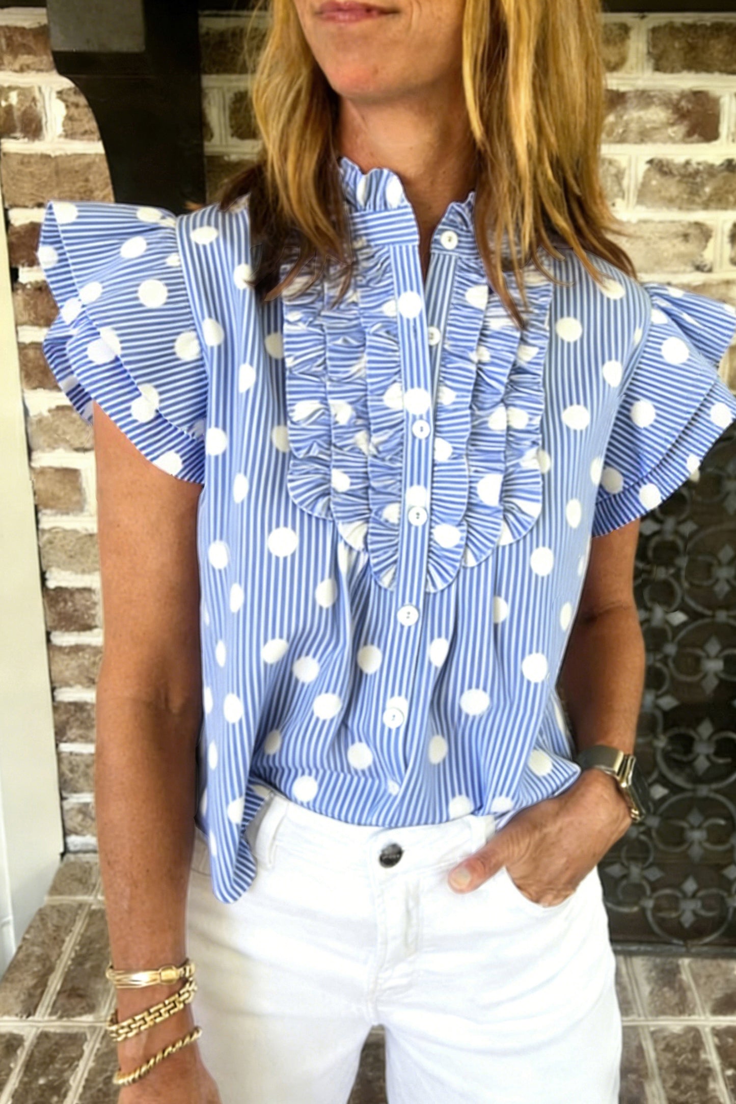 Sky Blue Stripe Contrast Polka Dot Print Pleated Ruffle Sleeve Shirt