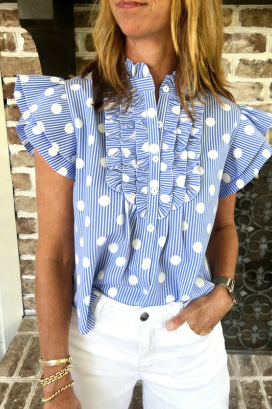 Sky Blue Stripe Contrast Polka Dot Print Pleated Ruffle Sleeve Shirt