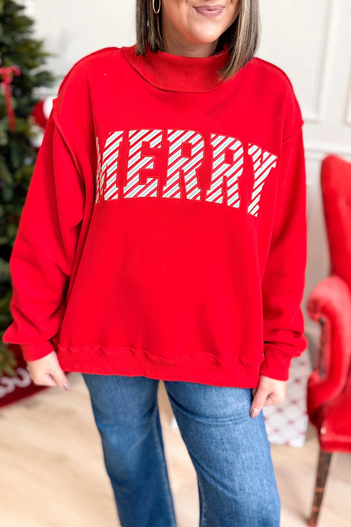 Fiery Red Embroidered Merry Slogan Stand Neck Long Sleeve Shift Sweatshirt