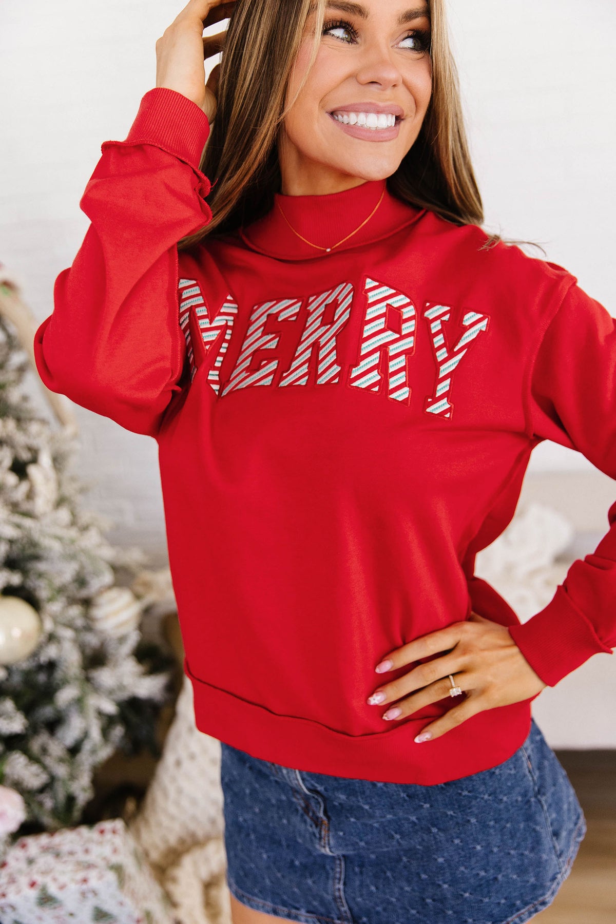Fiery Red Embroidered Merry Slogan Stand Neck Long Sleeve Shift Sweatshirt