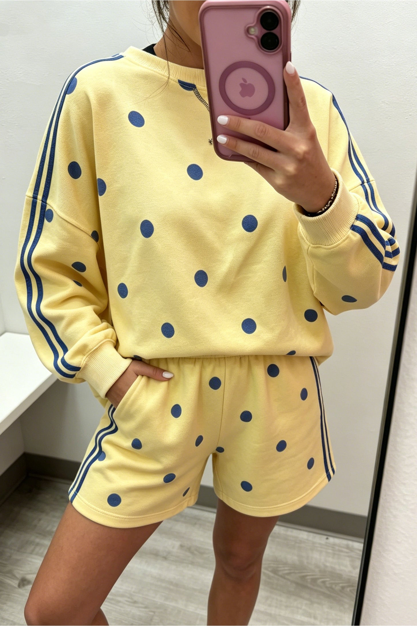 Gray Polka Dot Print Varsity Striped Detail Long Sleeve Top Short Set