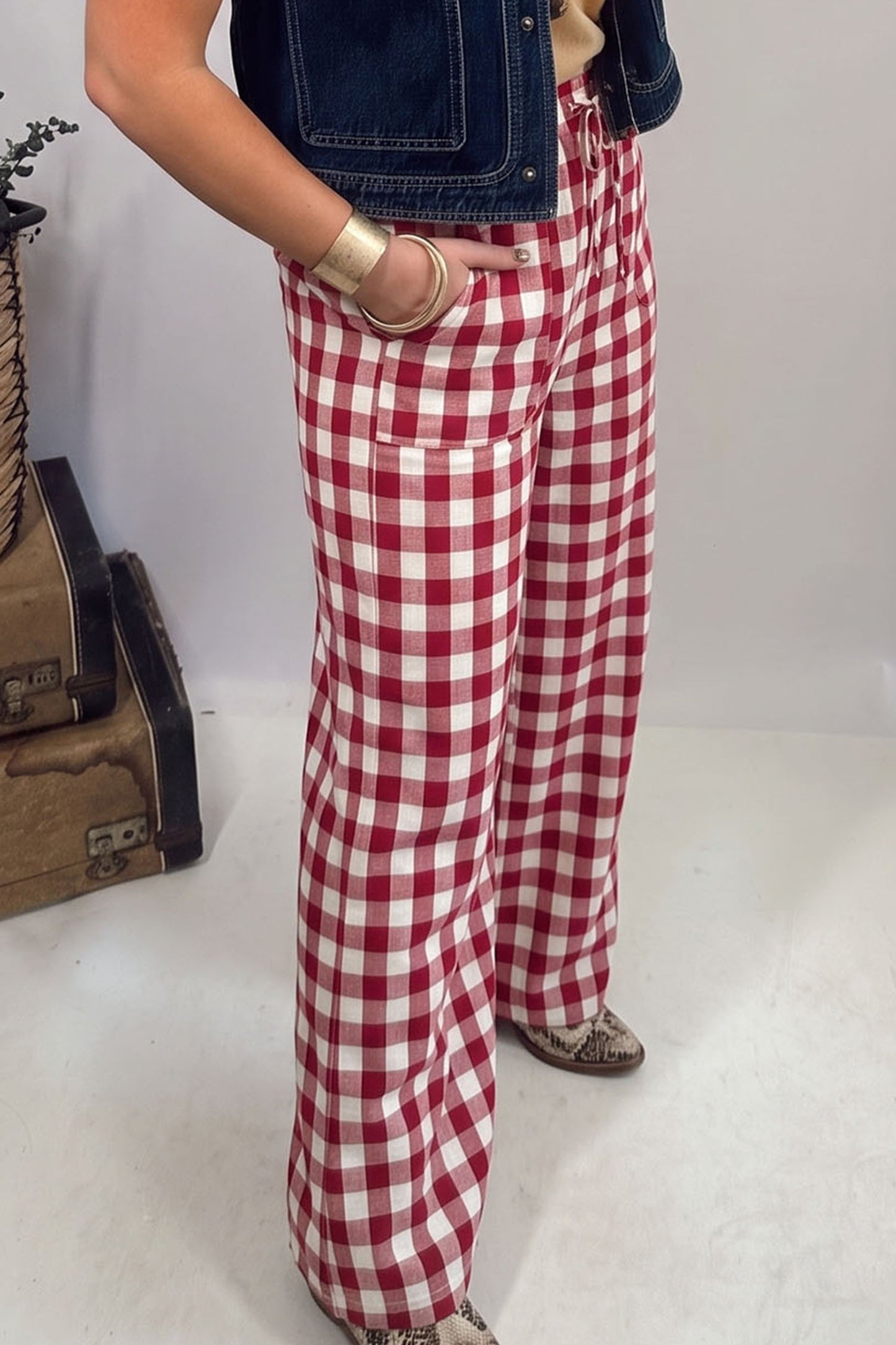 Blue Gingham Plaid Tie Elastic Waist Shift Pants