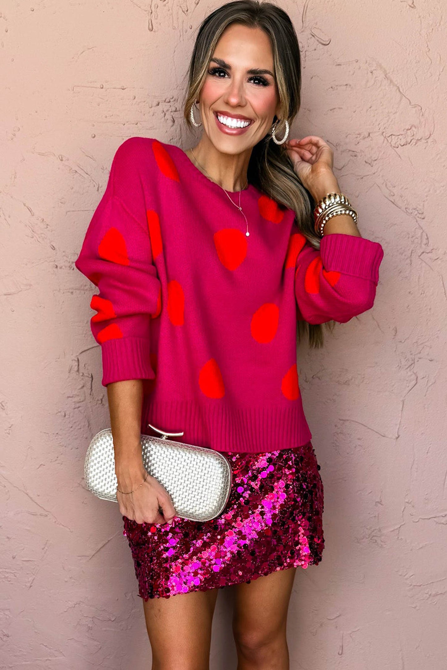 Strawberry Pink Playful Cozy Polka Dot Sweater