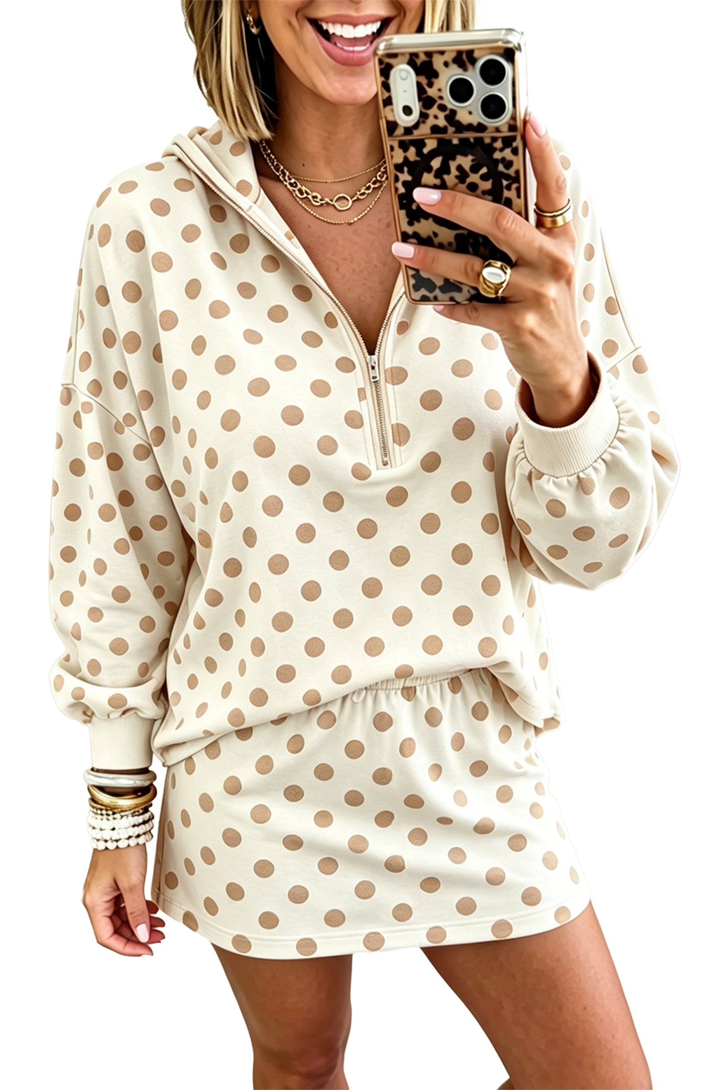 Orange Polka Dot Hooded Long Sleeve Top Casual Mini Skort Set