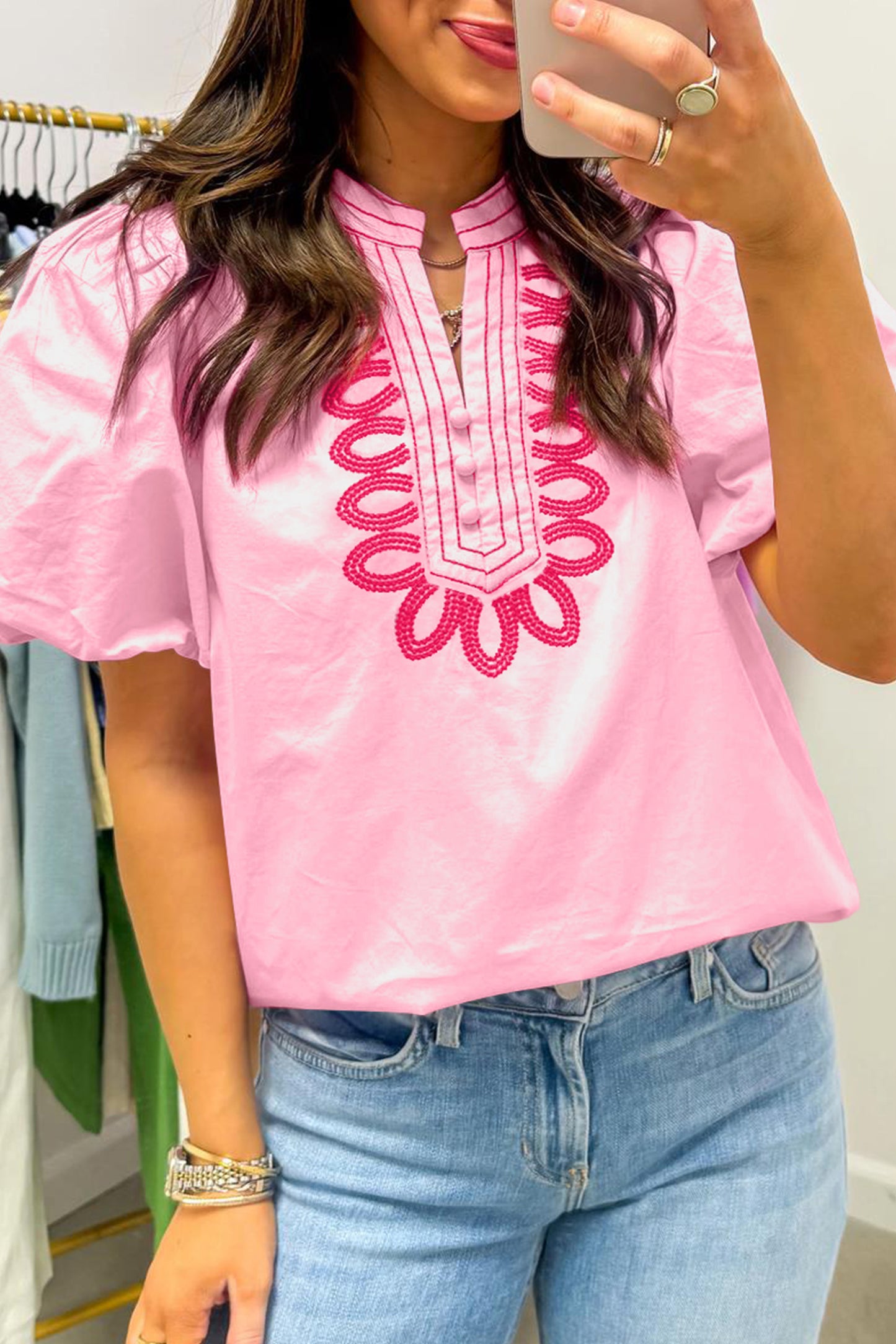 Pink Boho Embroidered Detail Puff Sleeve Cotton Blouse