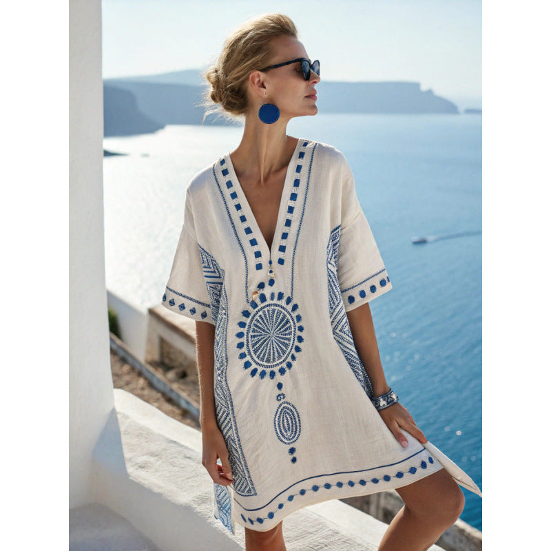 V-neck Bohemian printed loose beach dress caftan