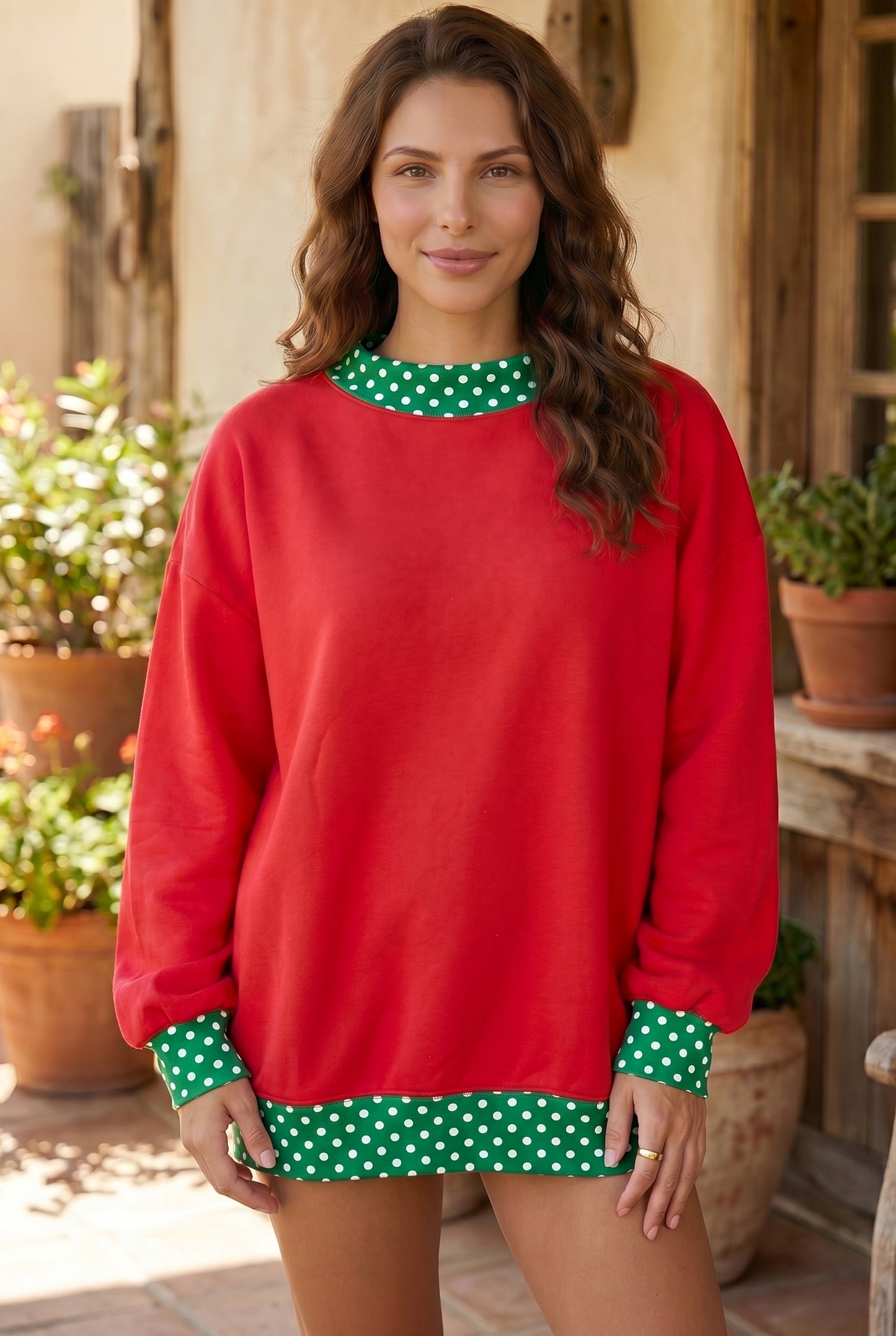 Racing Red Colorblock Polka Dot Contrast Trim Oversized Sweatshirt