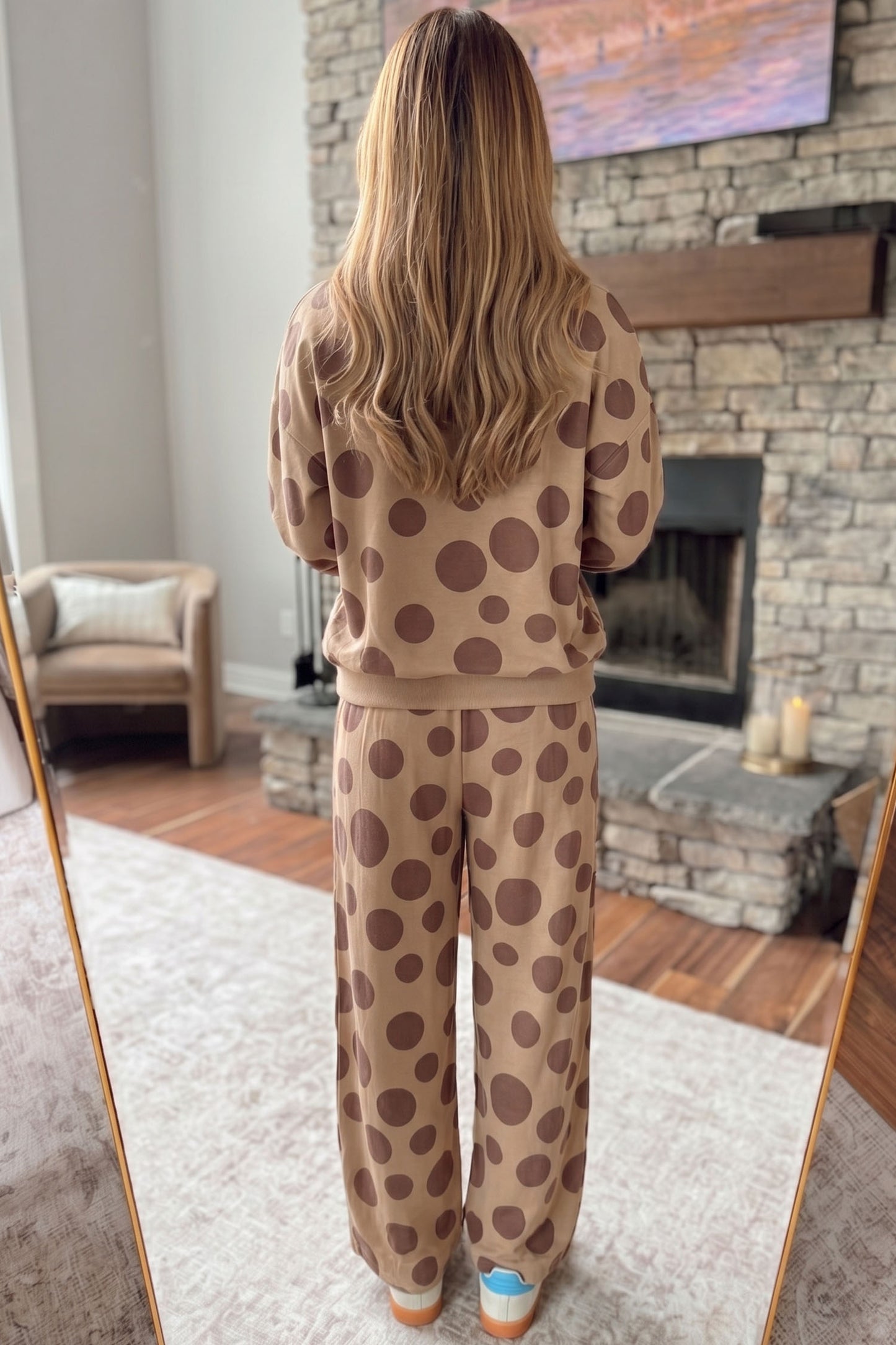 Khaki Polka Dot Long Sleeve Top Drawstring Relaxed Pants Set