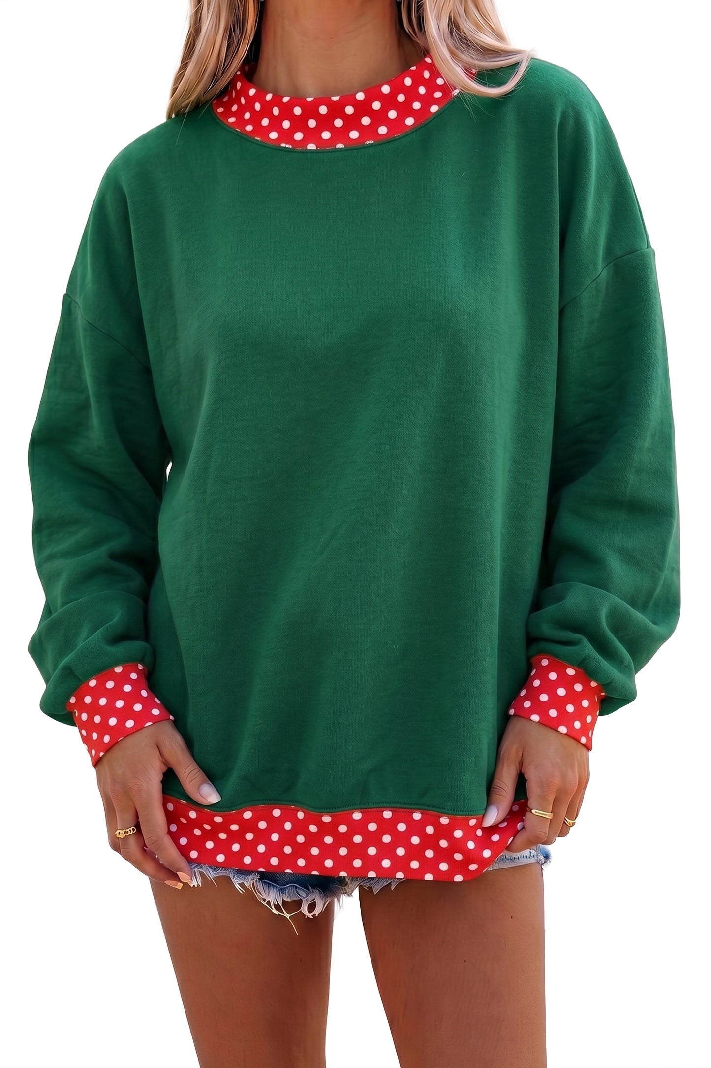 Racing Red Colorblock Polka Dot Contrast Trim Oversized Sweatshirt