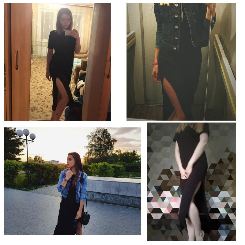 Long, round-neck base dress, loose short-sleeved dress