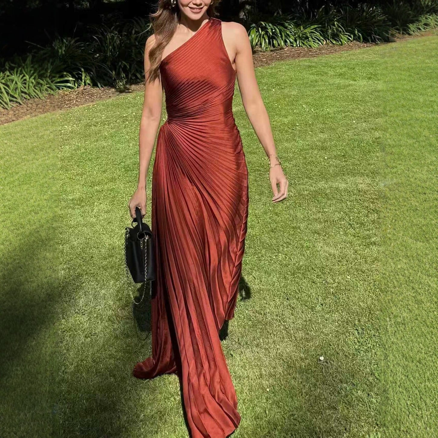 ruched one shoulder dress with pleated detail