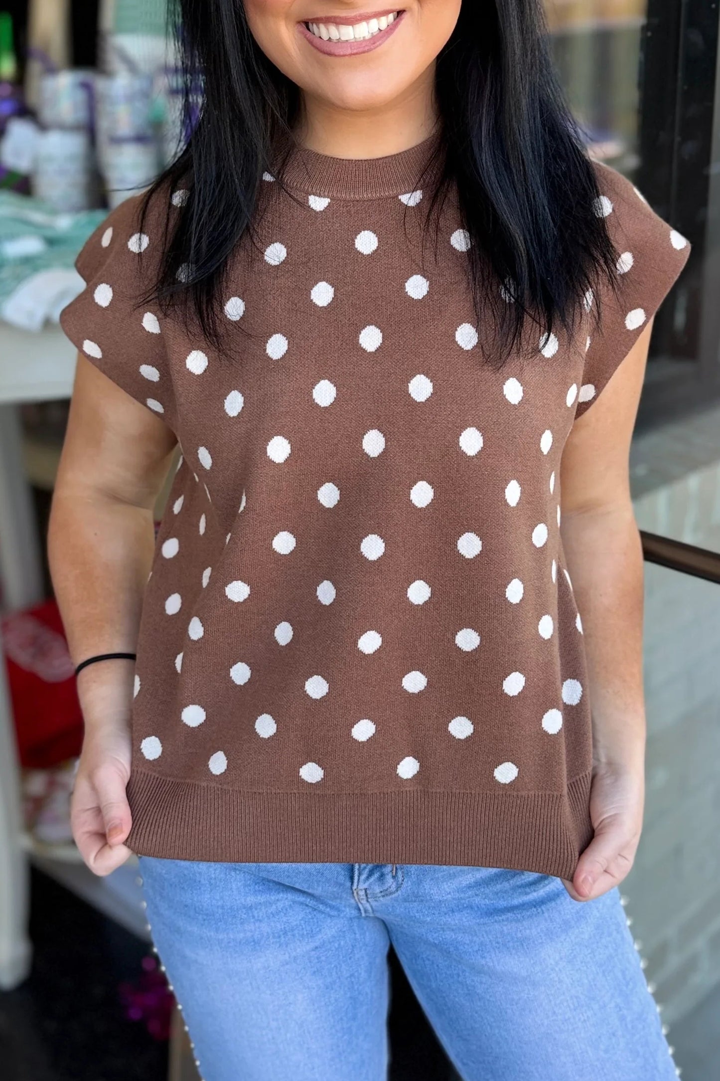 Brown Polka Dot Short Sleeve Round Neck Casual Shift Sweater
