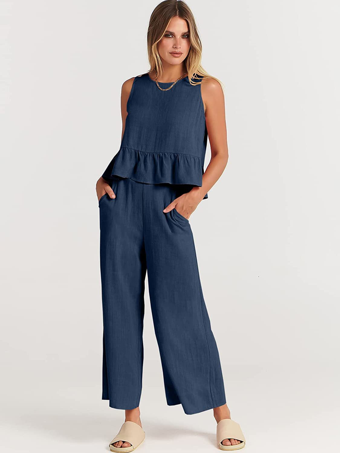 Women's sleeveless ruffle top, wide-leg capri pants set