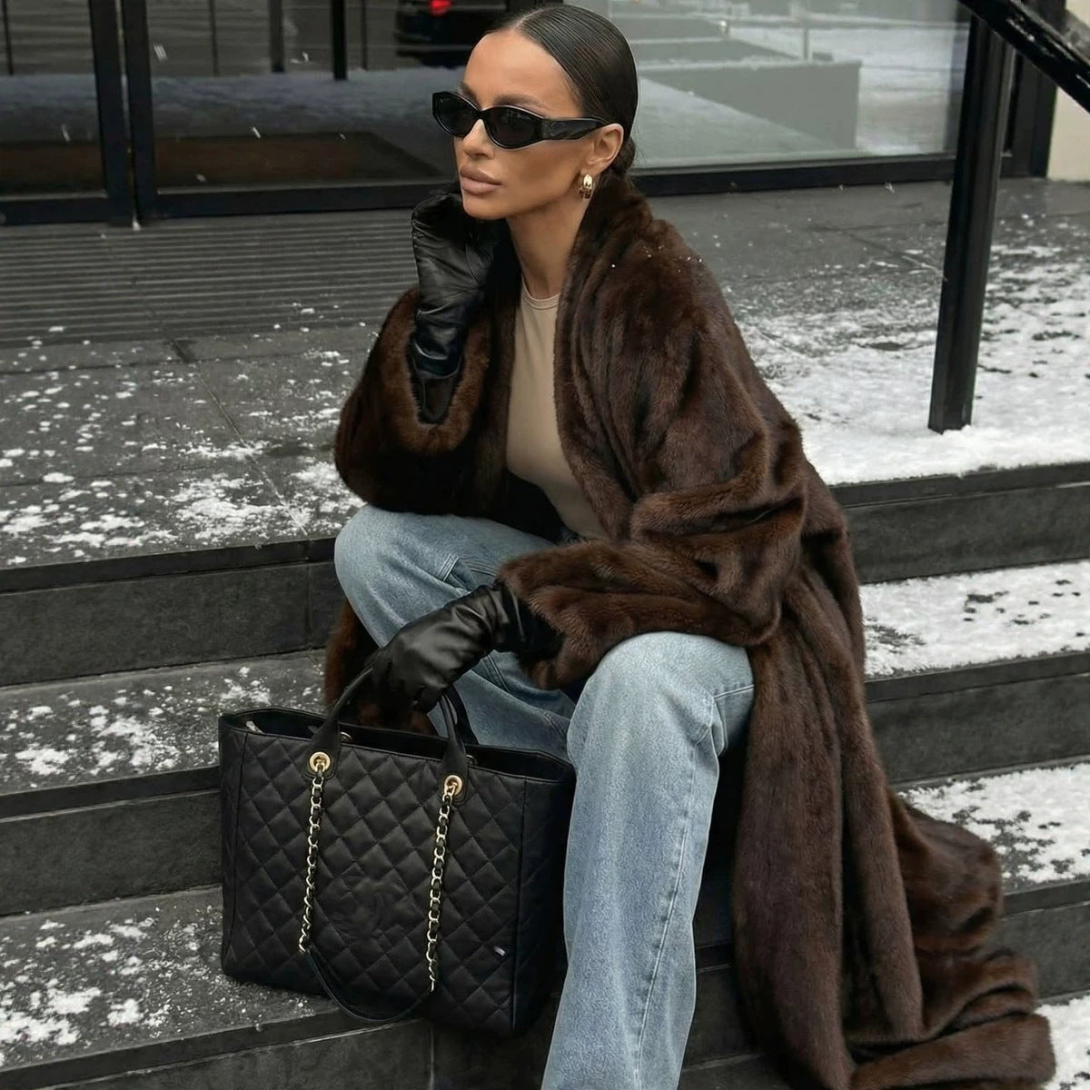 long brown faux mink fur coat artificial fur