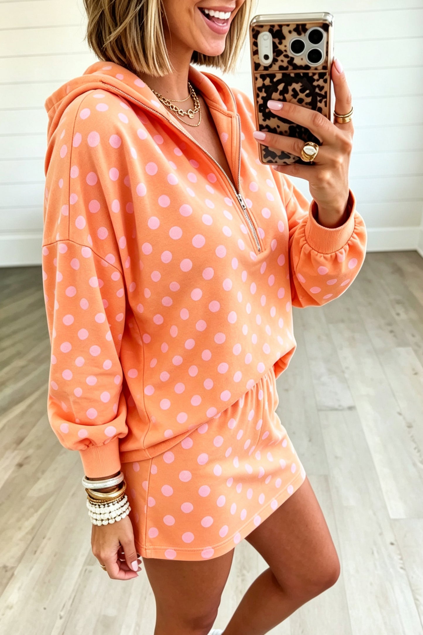 Orange Polka Dot Hooded Long Sleeve Top Casual Mini Skort Set