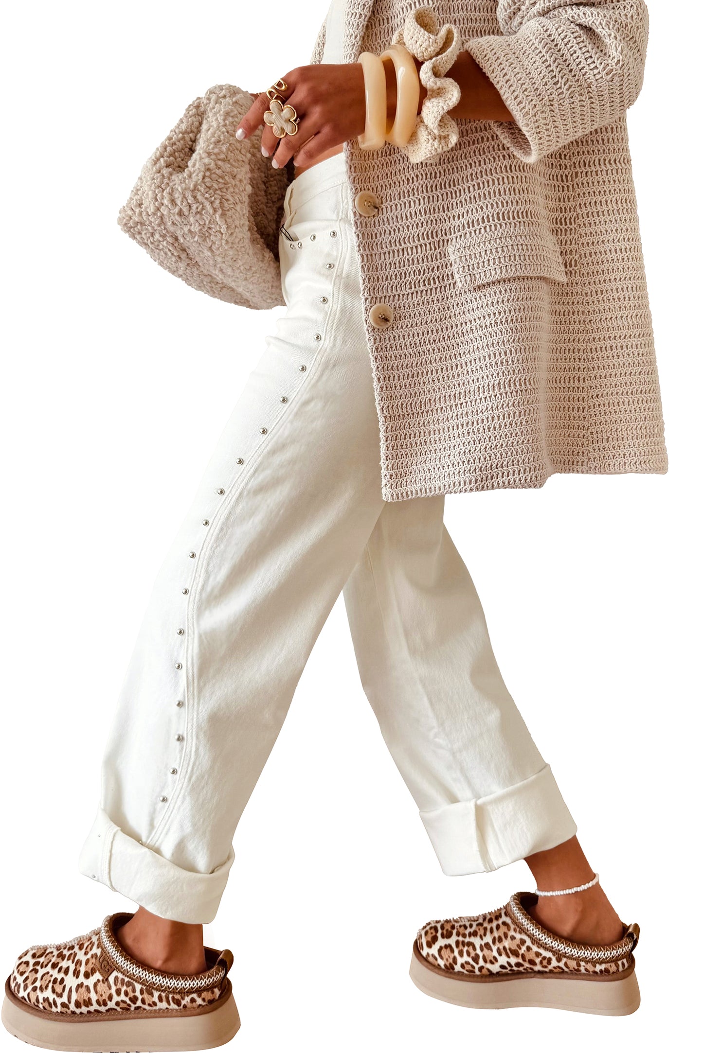 White Side Seam Rivet Detail Ankle Length Casual Jeans